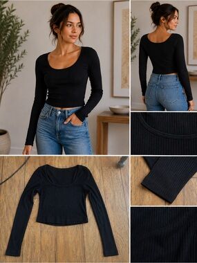 Black Ribbed Scoop Neck Long Sleeve Crop Top S